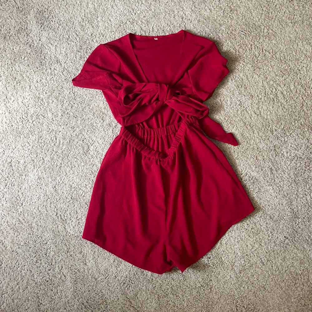 Red tie front romper